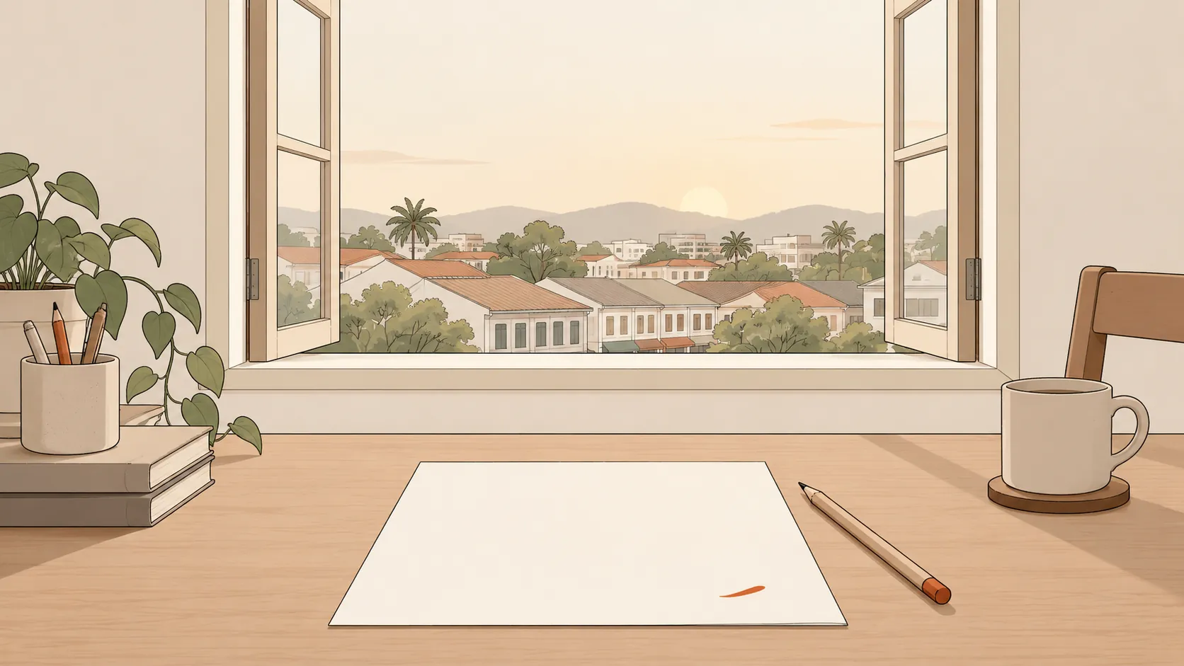 Concept illustration of a blank sheet and pencil beside a window overlooking a Malaysian town.
