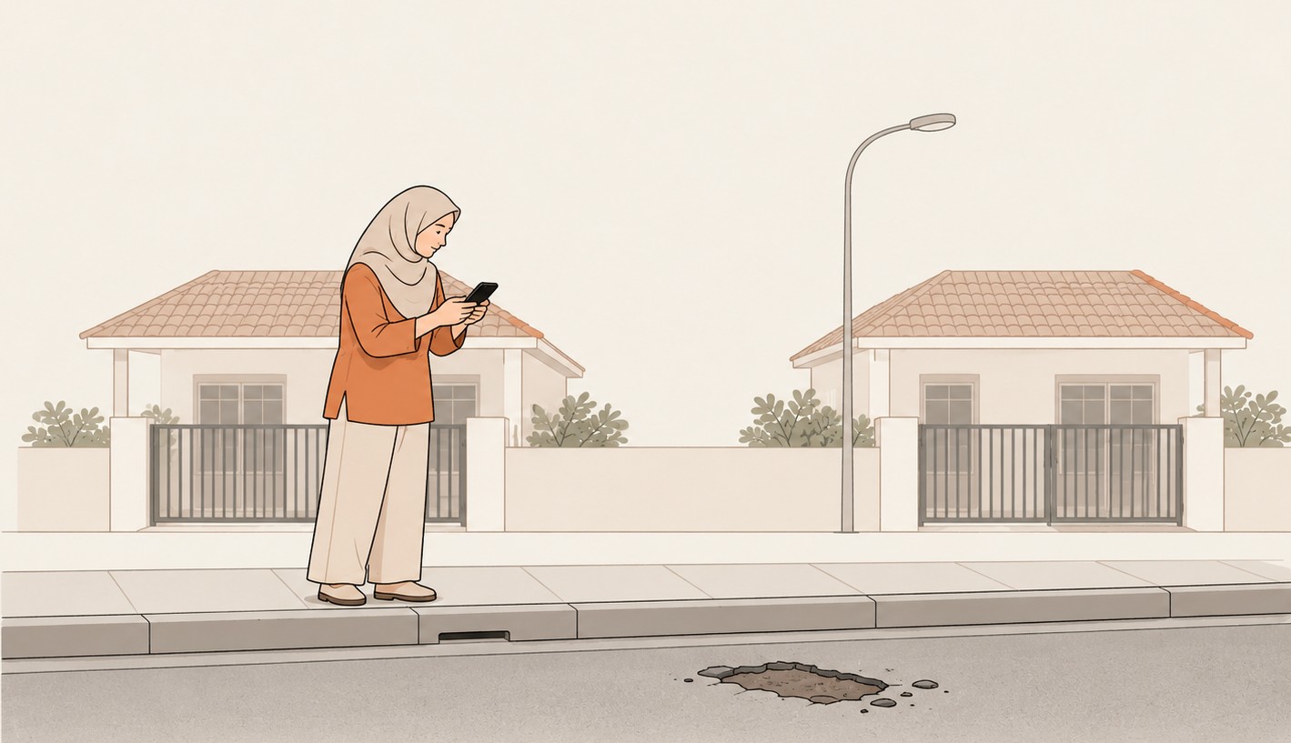 Illustration of a Malaysian resident using her phone beside a pothole on a public road.
