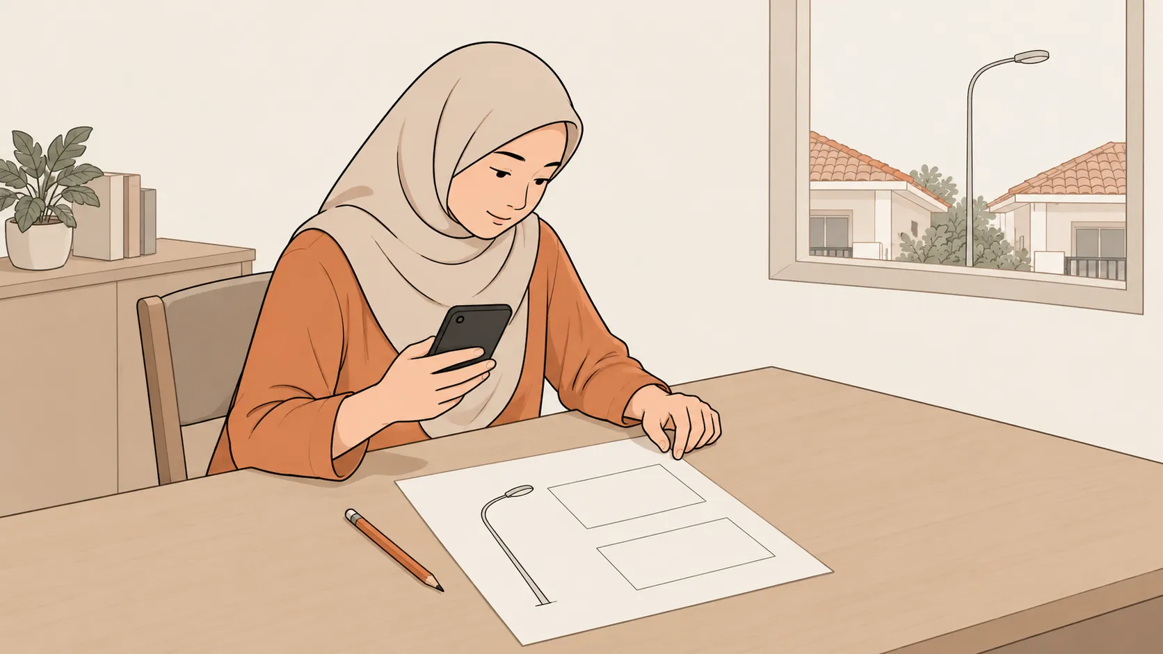 Concept illustration of a resident organising a streetlight observation with a phone and a simple paper sketch, not an app screen.