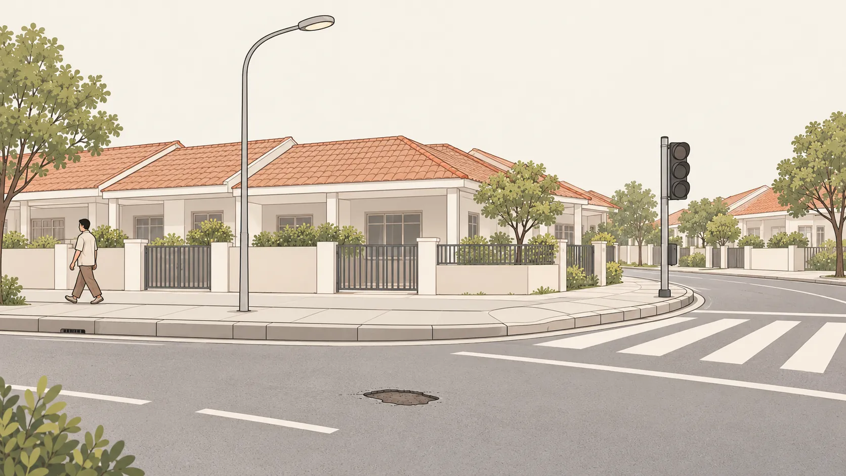 Concept illustration of a Malaysian neighbourhood with a road pothole, streetlight and traffic signal.